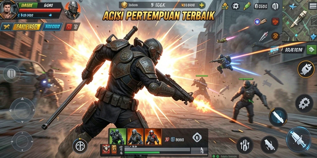 Screenshot gameplay 66K menampilkan aksi pertempuran yang intens.