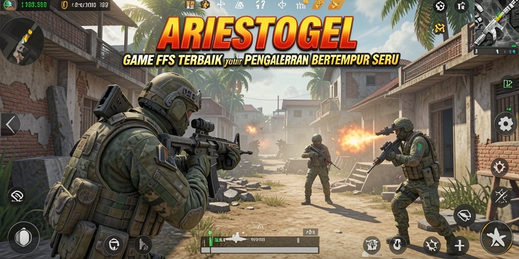 Screenshot utama ARIESTOGEL menampilkan aksi tembak-menembak yang mendebarkan.