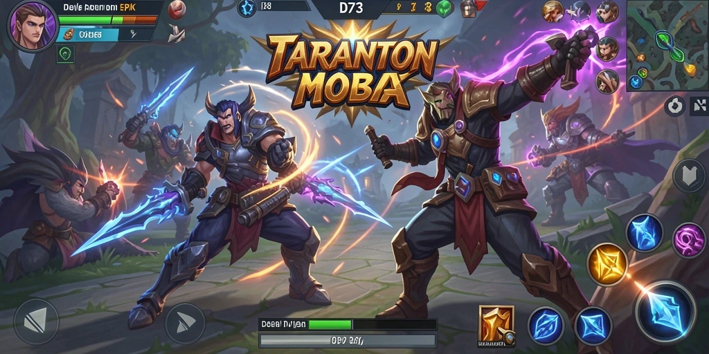 Tangkapan layar utama D73 menampilkan aksi seru pertarungan MOBA.