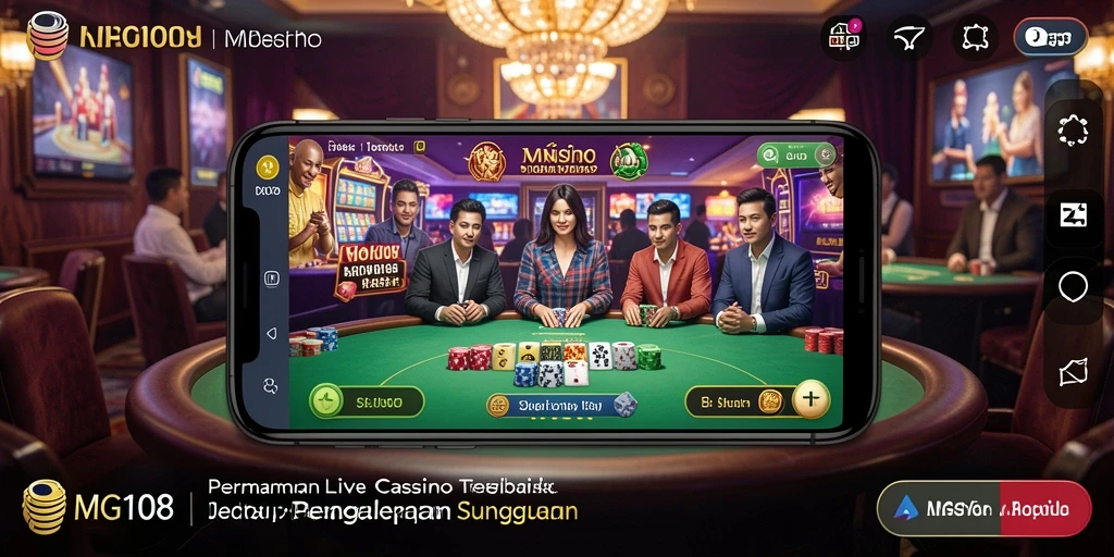 Screenshot MG108 menunjukkan dealer langsung dan suasana permainan kasino yang mendebarkan.