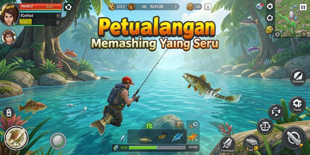 Gameplay PCPC7 yang menampilkan aksi memancing di danau indah.