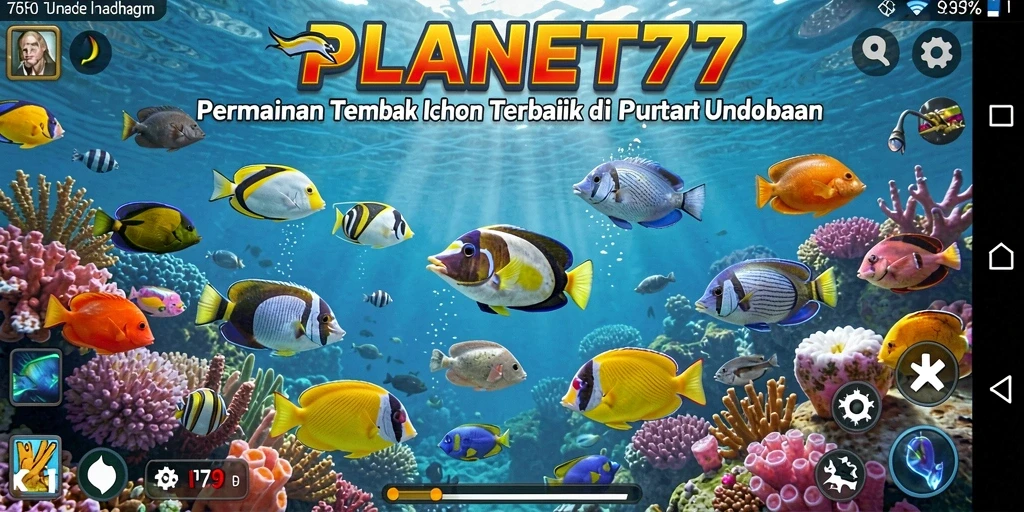 Screenshot utama menunjukkan aksi menembak ikan di PLANET77.