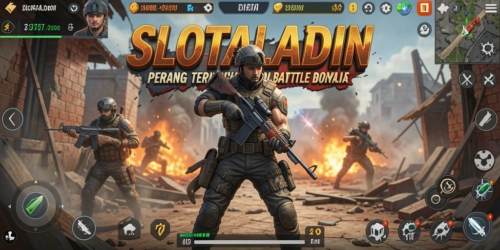 Tampilan seru gameplay SLOTALADIN dalam pertempuran Battle Royale.